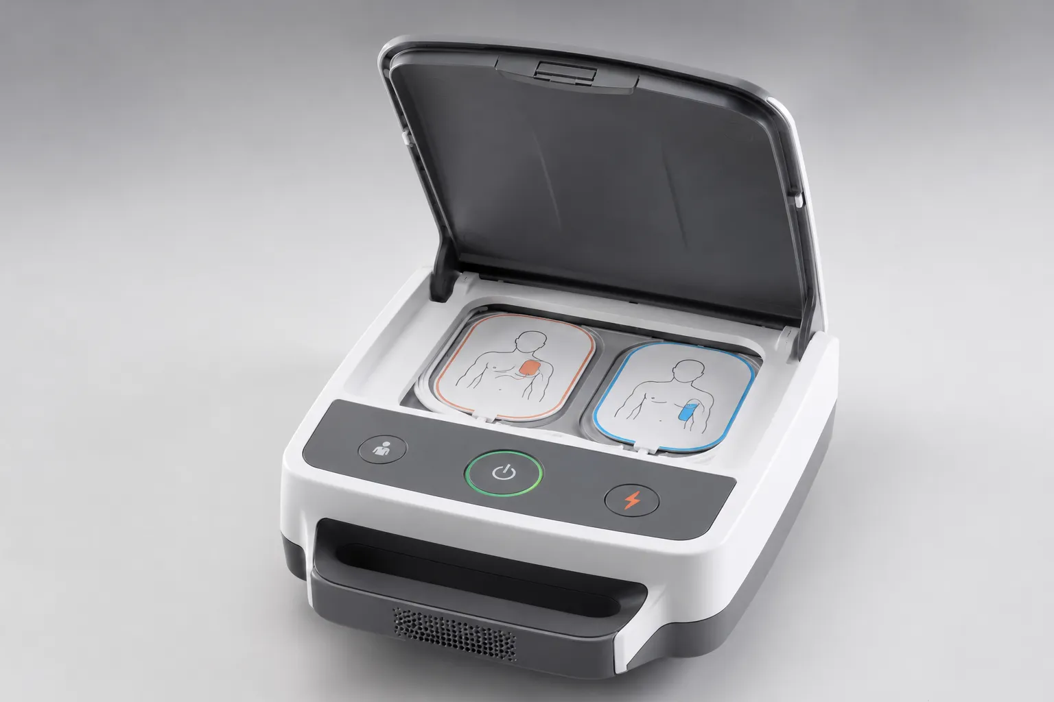 Défibrillateur automatisé externe (DAE) ouvert montrant ses électrodes et voyants de contrôle.