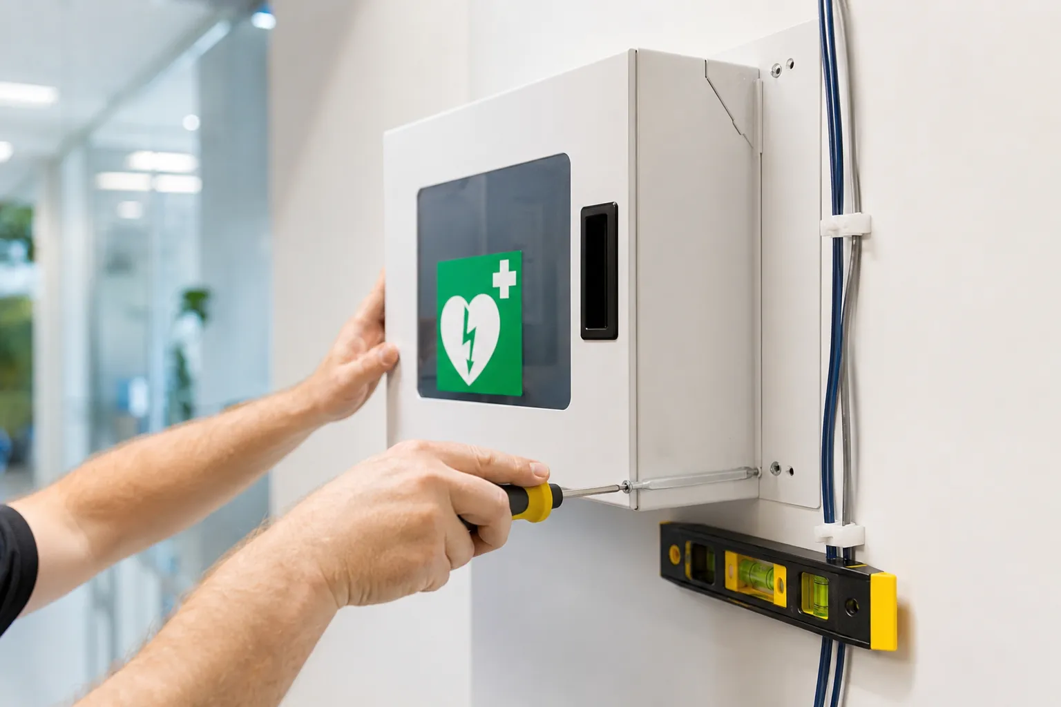 Technicien CardioSur installant une armoire murale de défibrillateur dans un établissement.